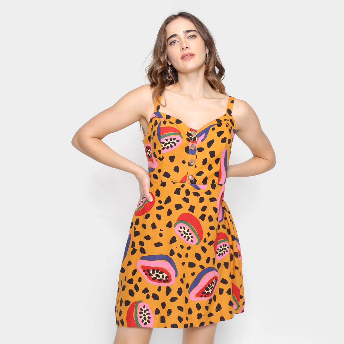 Vestido Curto Farm Papaya Feminino - Amarelo Menor preço em Vestido Curto Farm Papaya Feminino - Amarelo