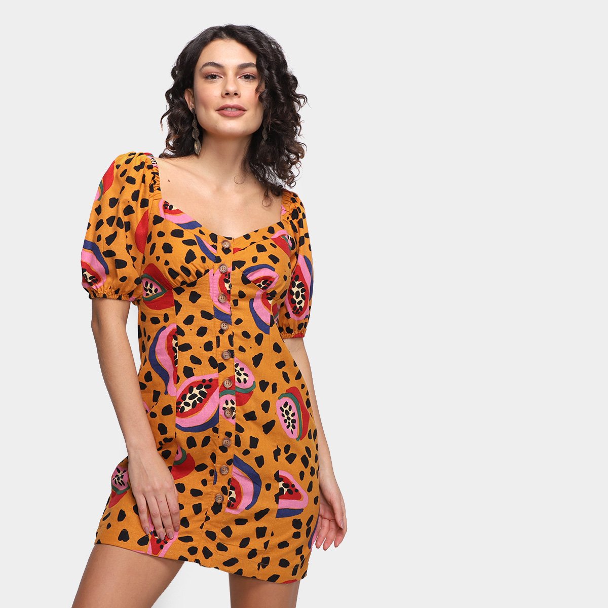 Vestido Curto Farm Papaya - Amarelo Menor preço em Vestido Curto Farm Papaya - Amarelo