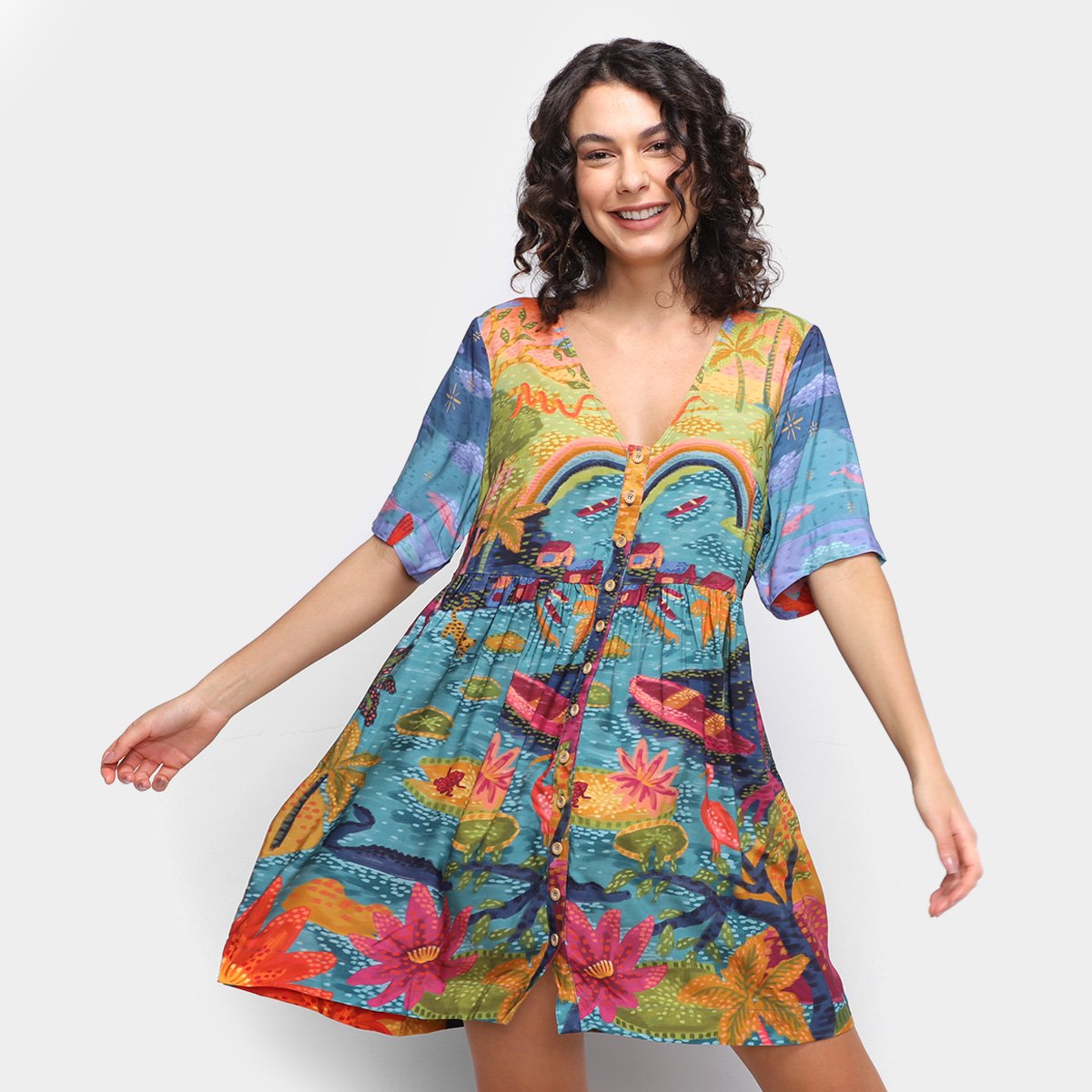 Vestido Curto Farm Sonho na Amazônia - Estampado Menor preço em Vestido Curto Farm Sonho na Amazônia - Estampado