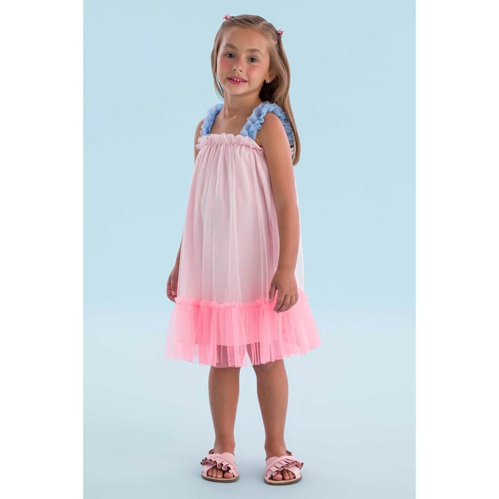 Vestido Curto Infantil Festa em Tule Babados Rosa Mon Sucré