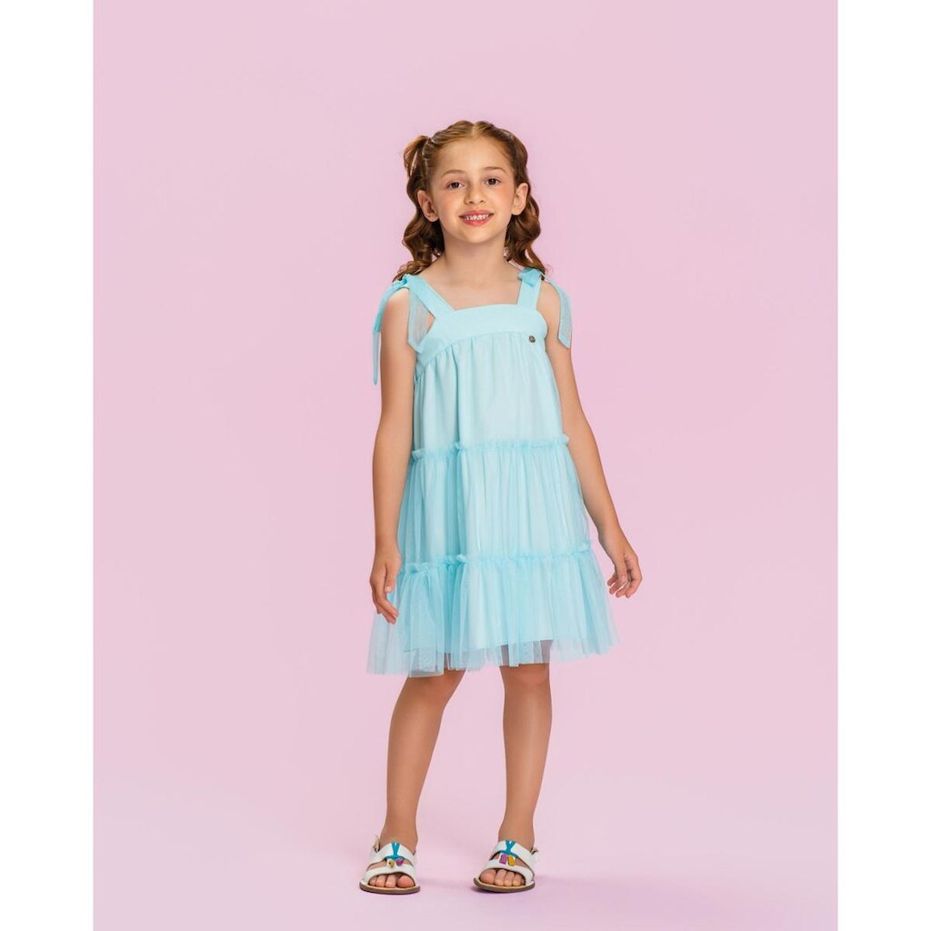 Vestido Curto Infantil Festa Tule Com Alças Azul Mon Sucré