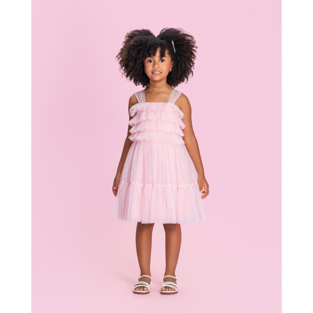 Vestido Curto Infantil Festa Tule Rosa Babados Petit Cherie