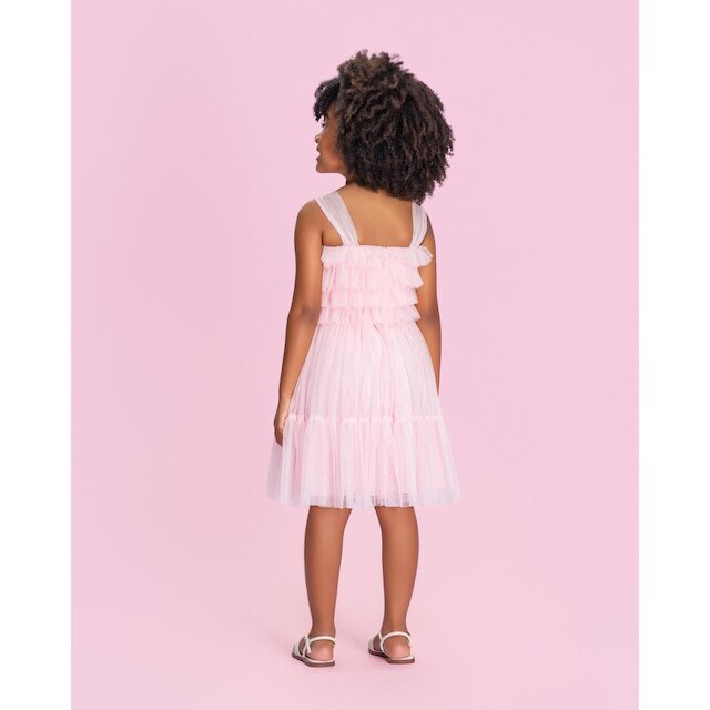 Vestido Curto Infantil Festa Tule Rosa Babados Petit Cherie