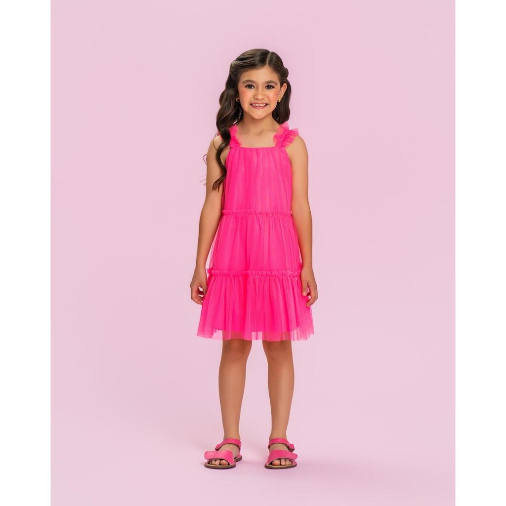 Vestido Curto Infantil Festa Tule Rosa C/Alças Mon Sucré
