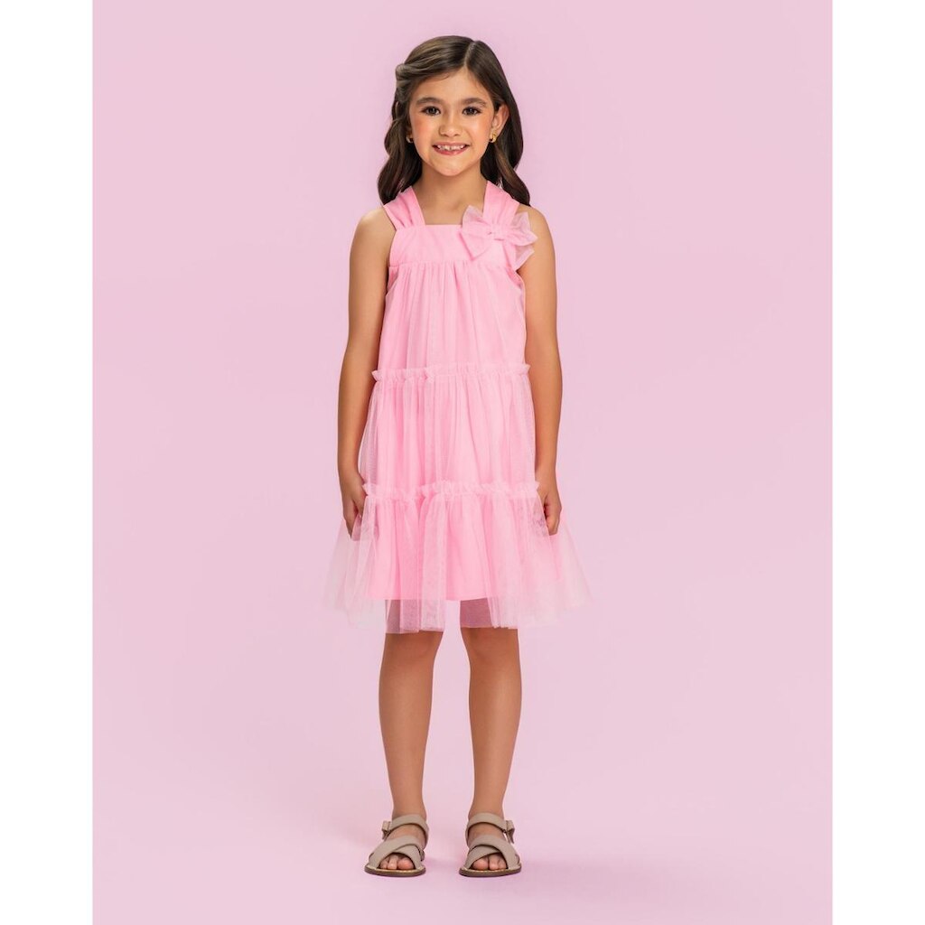 Vestido Curto Infantil Festa Tule Rosa C/Laço Mon Sucré