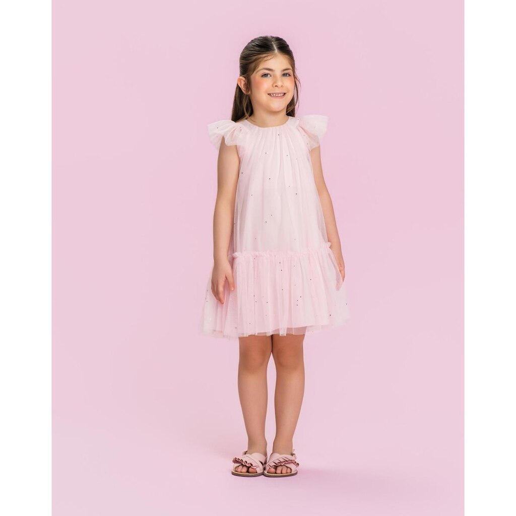 Vestido Curto Infantil Festa Tule Rosa Com Brilhos Mon Sucré