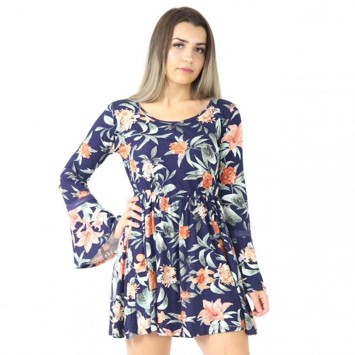 Vestido Curto Manga Longa Flare Florido Estampado Viscolycra - Azul Menor preço em Vestido Curto Manga Longa Flare Florido Estampado Viscolycra - Azul