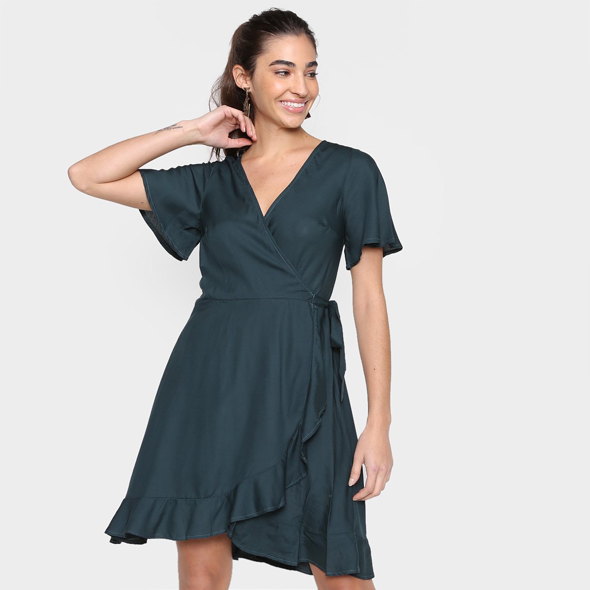 Vestido Curto Mercatto Transpassado Amarração - Verde escuro Menor preço em Vestido Curto Mercatto Transpassado Amarração - Verde escuro