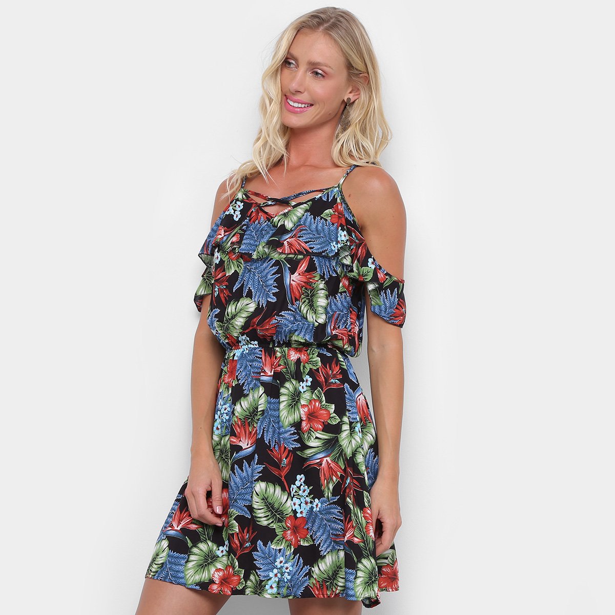 Vestido Curto Pérola Evasê Open Shoulder Tropical - Preto+verde Menor preço em Vestido Curto Pérola Evasê Open Shoulder Tropical - Preto+verde