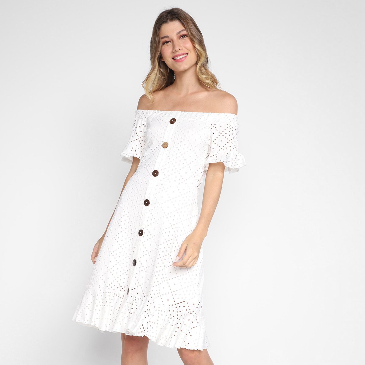 Vestido Curto Road Mel Ombro a Ombro Vazado Botões - Branco Menor preço em Vestido Curto Road Mel Ombro a Ombro Vazado Botões - Branco