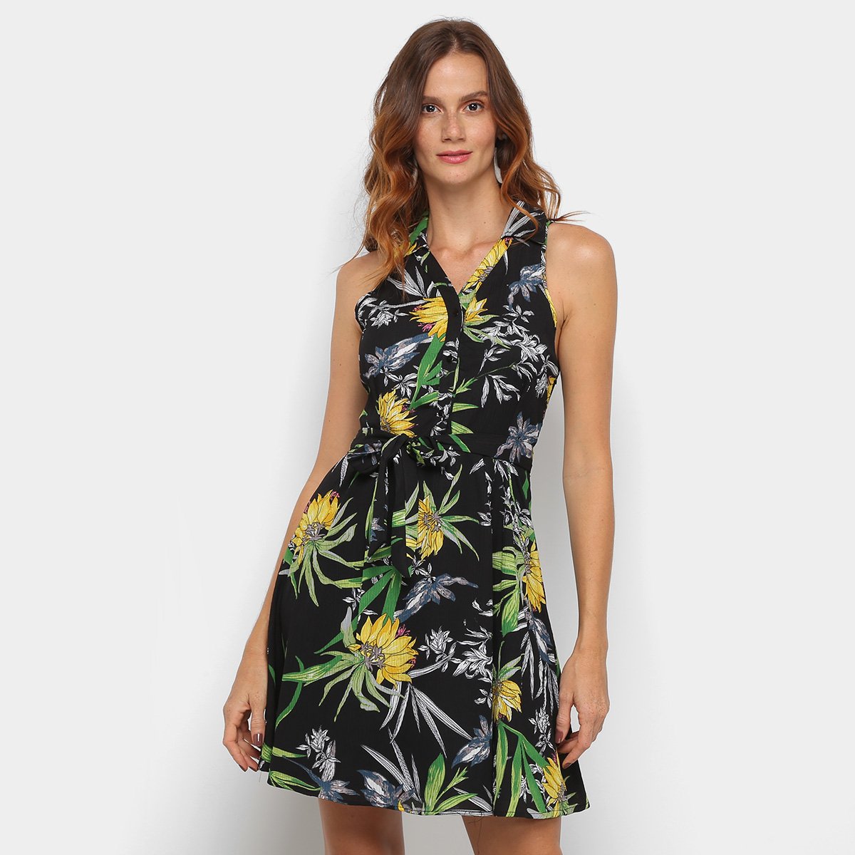 Vestido Curto Sofia Fashion Estampado Amarração - Preto Menor preço em Vestido Curto Sofia Fashion Estampado Amarração - Preto