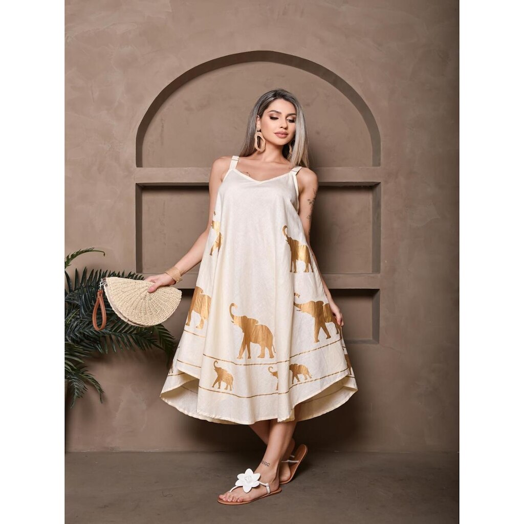 Vestido Curto Verão Elegante Estampa Elefante Dourado