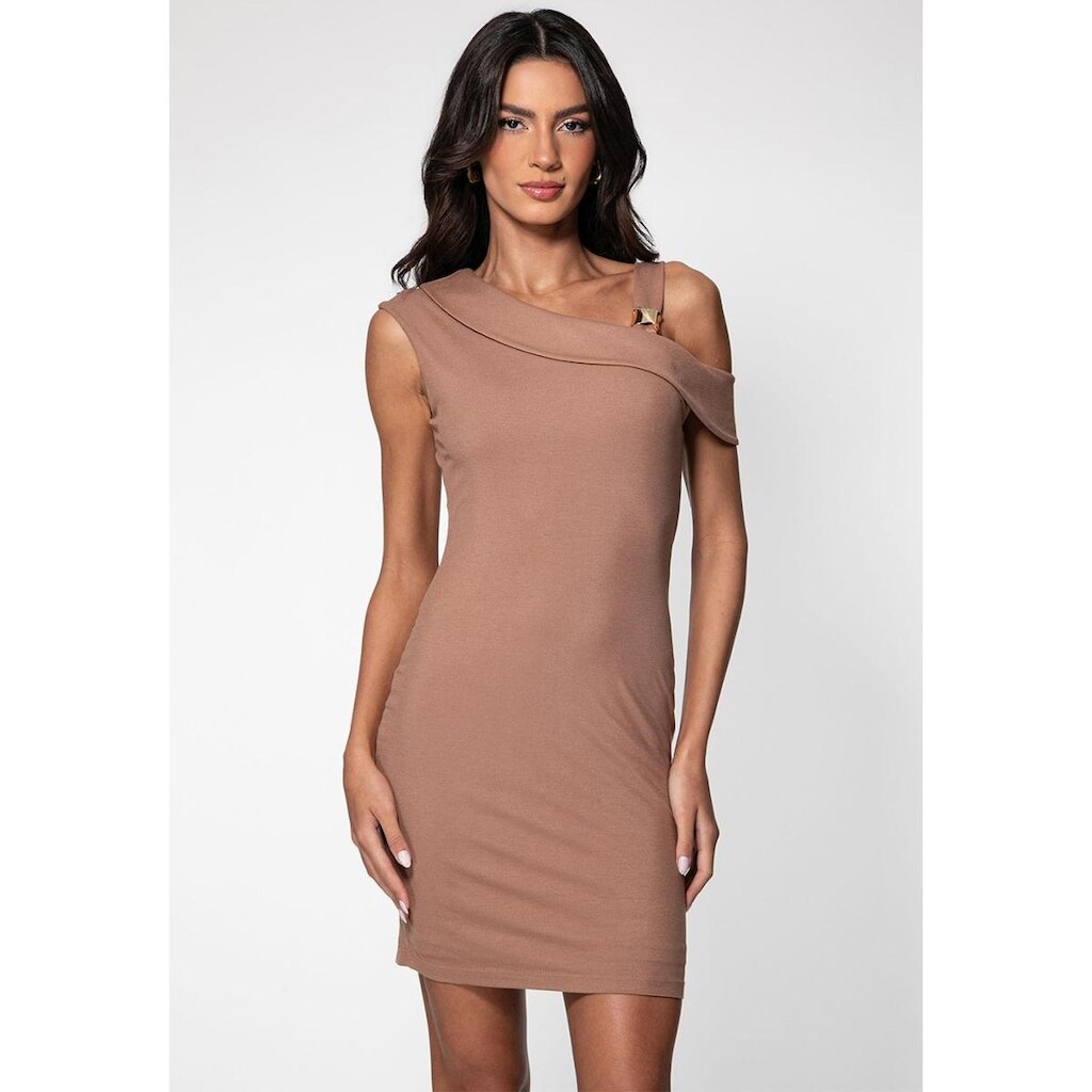 Vestido Curto Viscose 1 Ombro Só Metal Bege