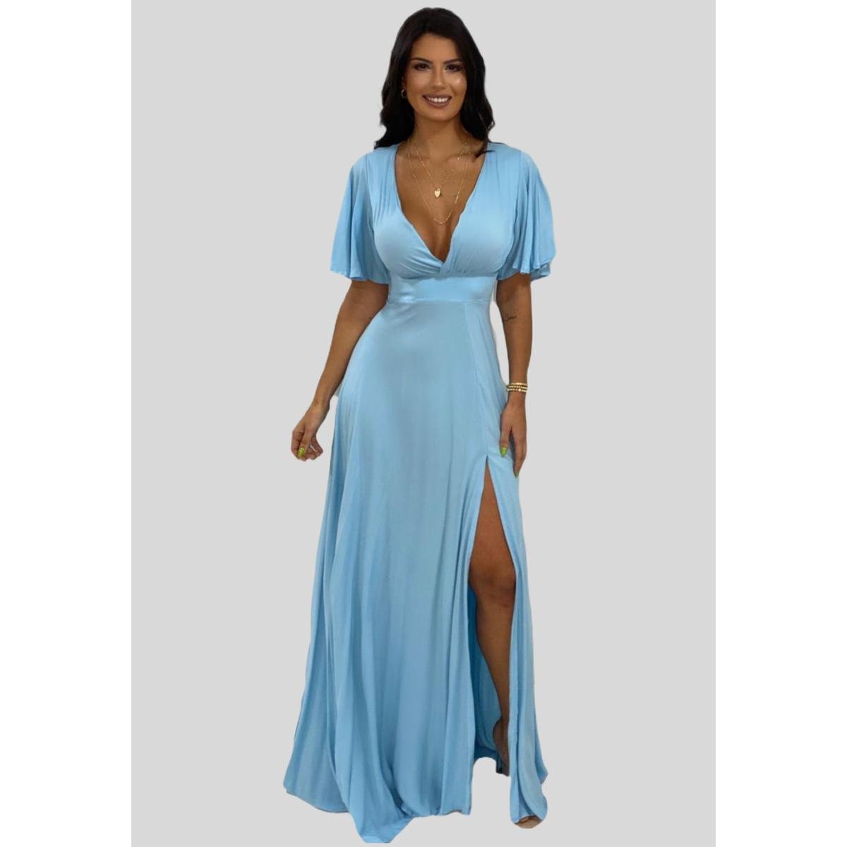 Vestido de Festa com Manga Curta Luisa Nana Marie Vestido Longo Azul Claro Menor preço em Vestido de Festa com Manga Curta Luisa Nana Marie Vestido Longo Azul Claro