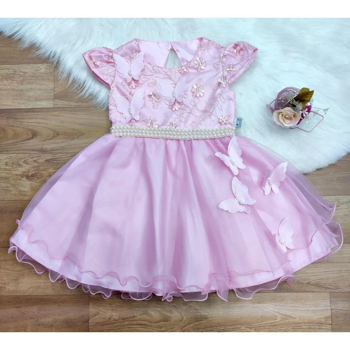 Vestido de Festa Infantil Jardim Encantado Borboletas Feminino - Rosa Menor preço em Vestido de Festa Infantil Jardim Encantado Borboletas Feminino - Rosa