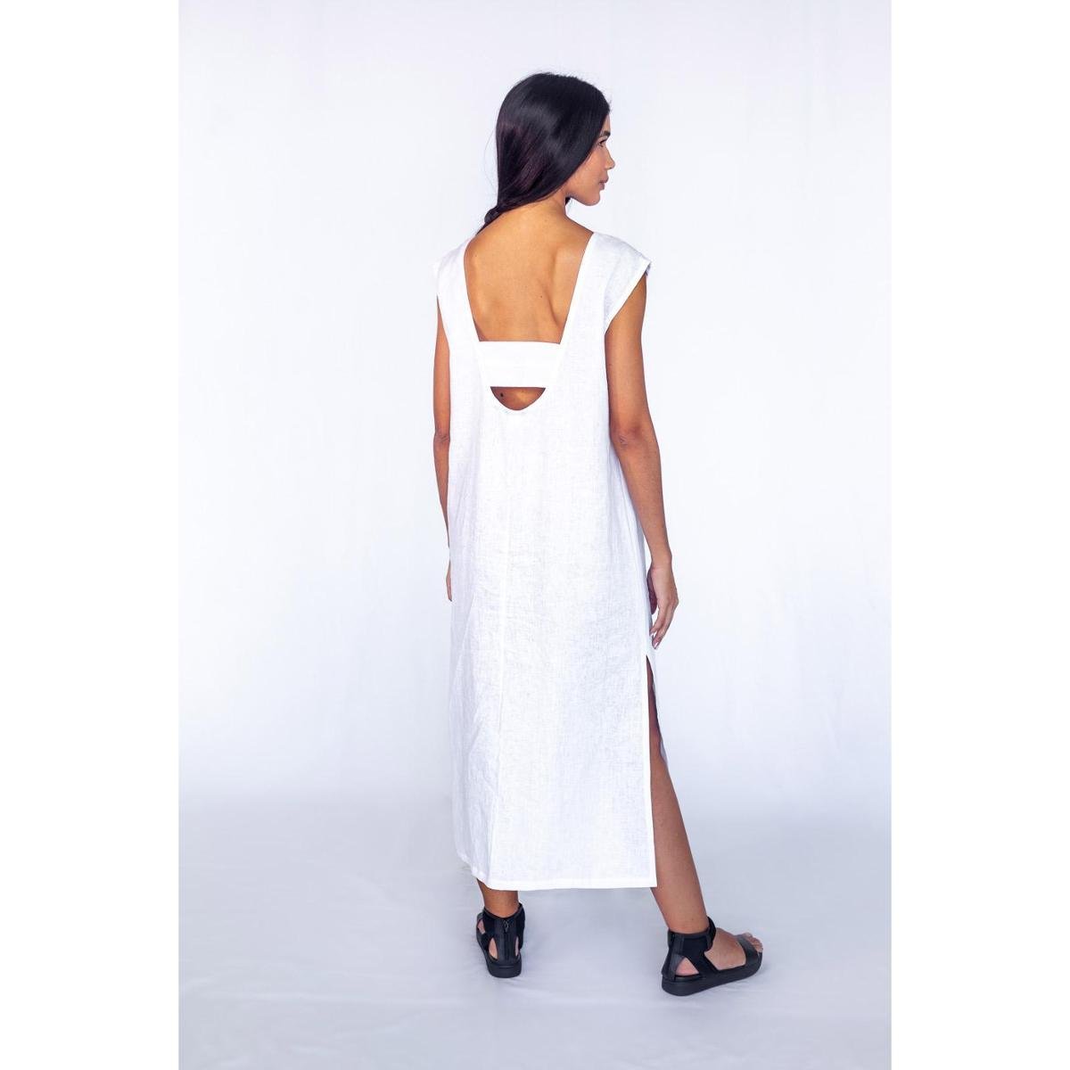 VESTIDO DE PURO LINHO 100% MIDI BRANCO COM FENDA LATERAL Menor preço em VESTIDO DE PURO LINHO 100% MIDI BRANCO COM FENDA LATERAL