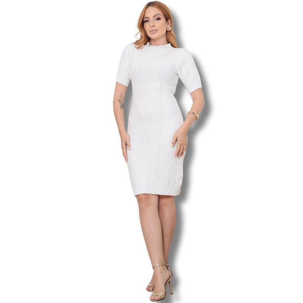 Vestido de Tricot Modal Feminino com Manga Curta e Textura em Relevo Geométrico M2-584T
