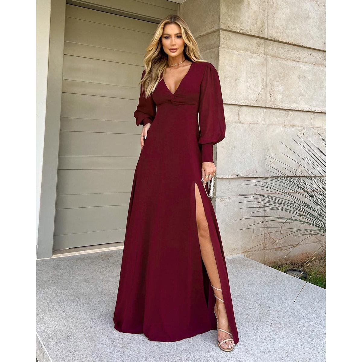 Dress Vestido Social Bordo Vestido Dot Clothing Manga Longa Bordo