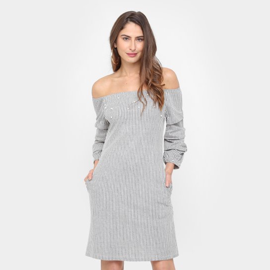Vestido Drezzup Tubinho Curto Ombro a Ombro Listrado - Cinza+Branco