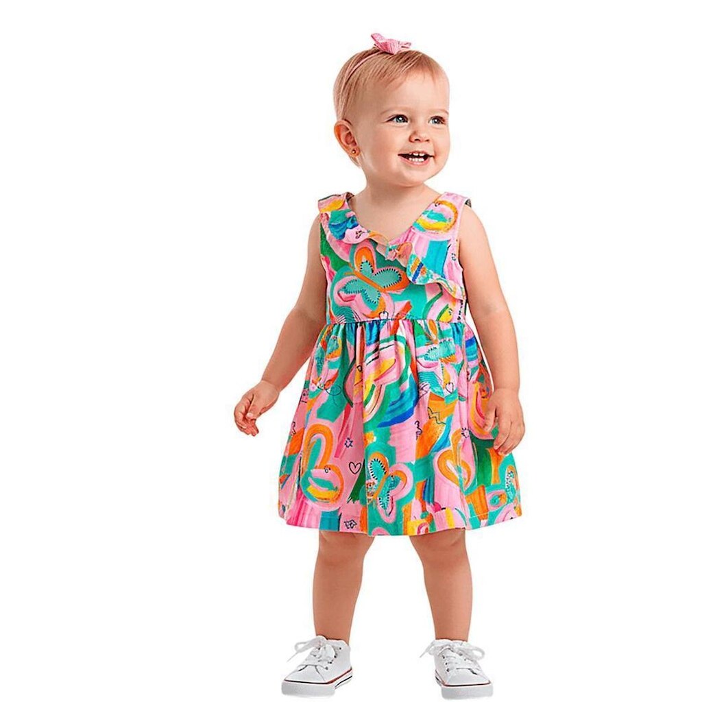Vestido e Calcinha Bebê Borboletando Rosa e Verde Alphabeto