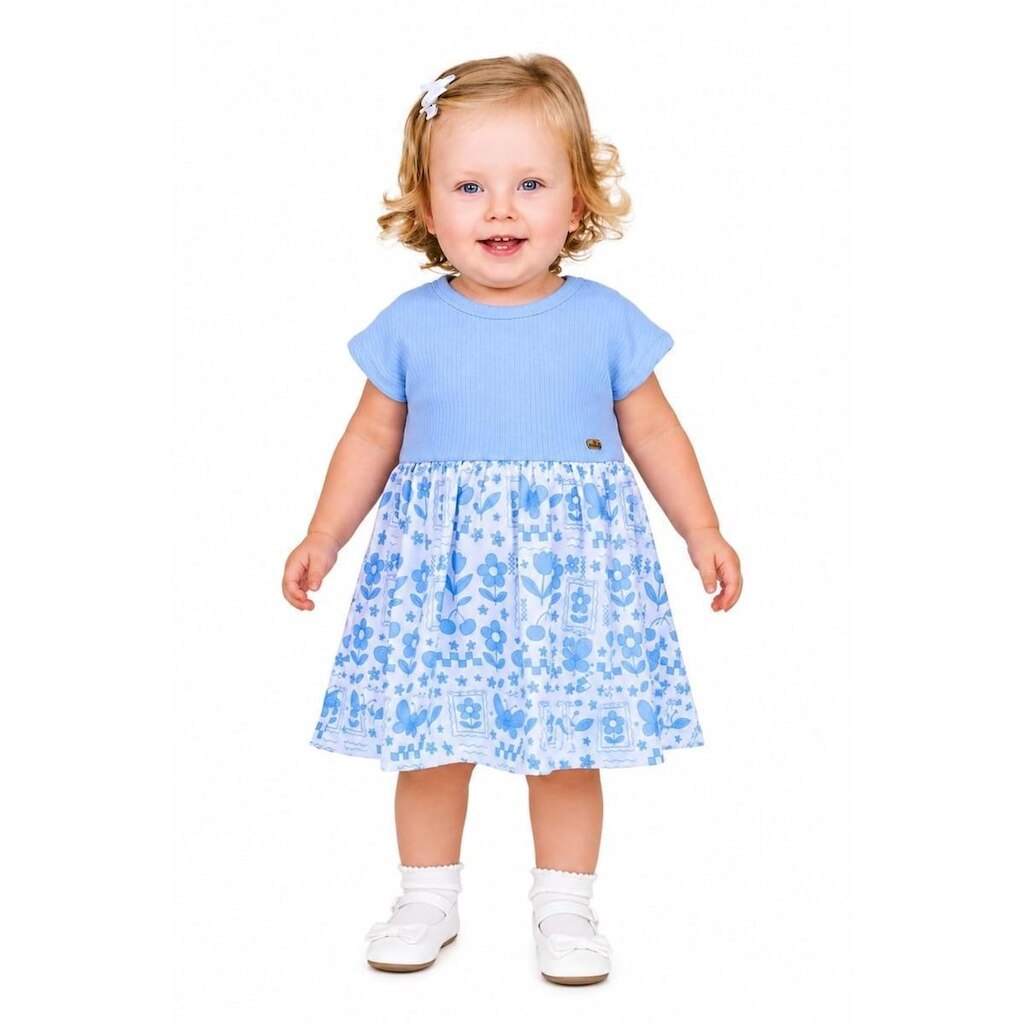 Vestido e Calcinha Bebê Menina Florzinha Alphabeto Azul