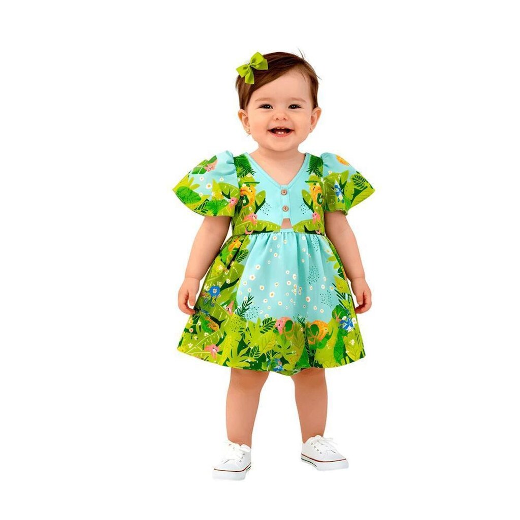 Vestido e Calcinha Bebê Menina Pelo Céu Azul Verde Alphabeto