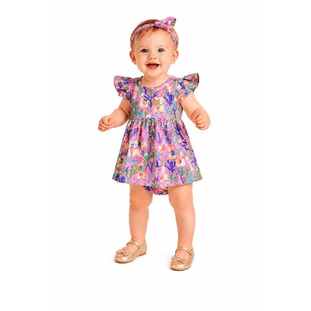 Vestido e Calcinha Bebê Vila de Alinhavos Alphabeto Rosa