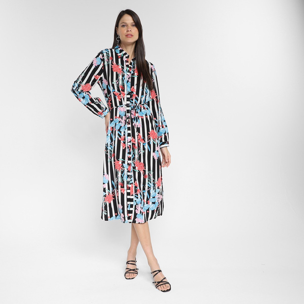 Vestido Efa Chemise Midi Manga Longa Flores Listrado - Preto é ruim? Vestido Efa Chemise Midi Manga Longa Flores Listrado - Preto é boa?