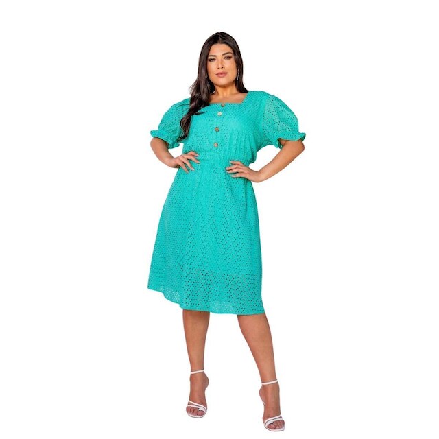 Vestido Em Laise Midi Pls Size Com Botões E Decote Quadrado Com Cinto