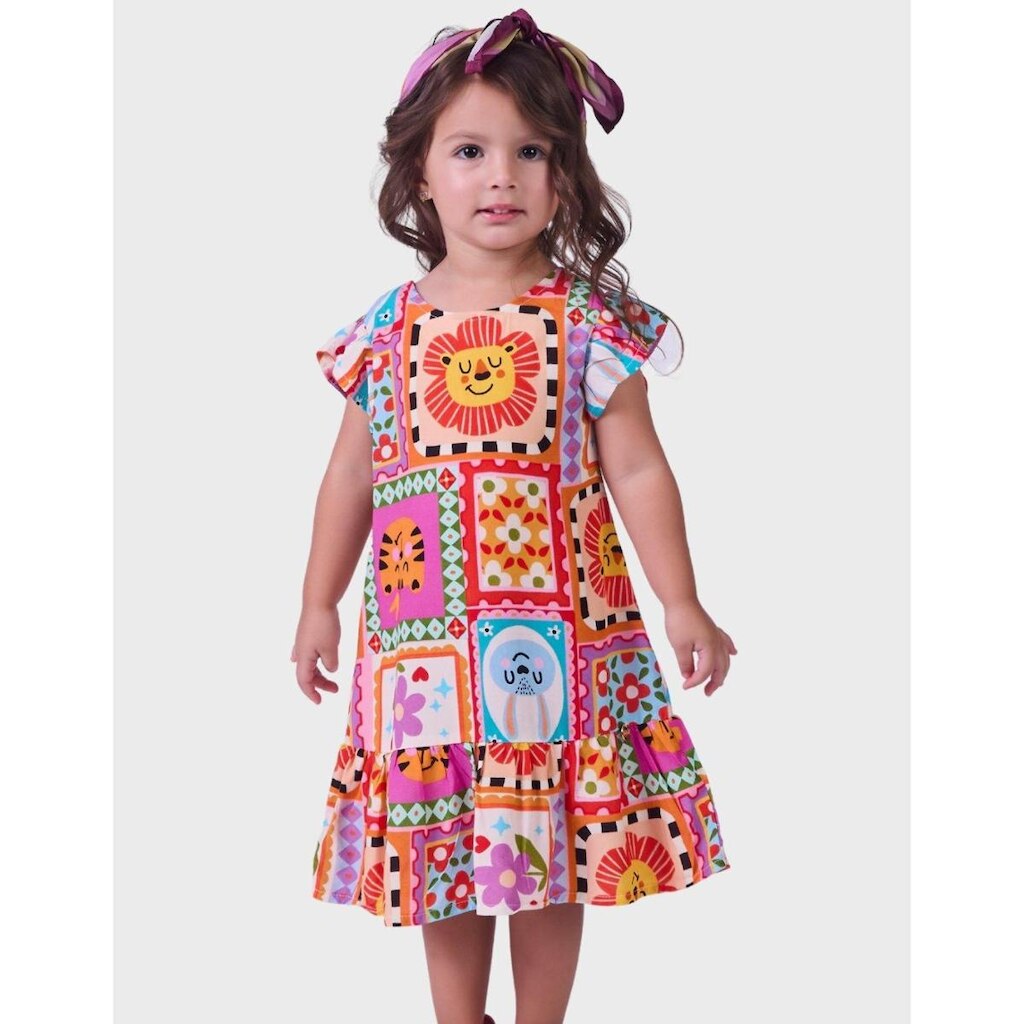 Vestido Estampado Manga Curta Elegante Novidade Estilo Verão Tecido Viscose Menina 4 a 14 anos
