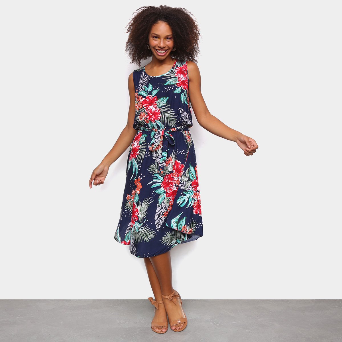 Vestido Facinelli Midi Floral Com Amarração - Marinho Menor preço em Vestido Facinelli Midi Floral Com Amarração - Marinho