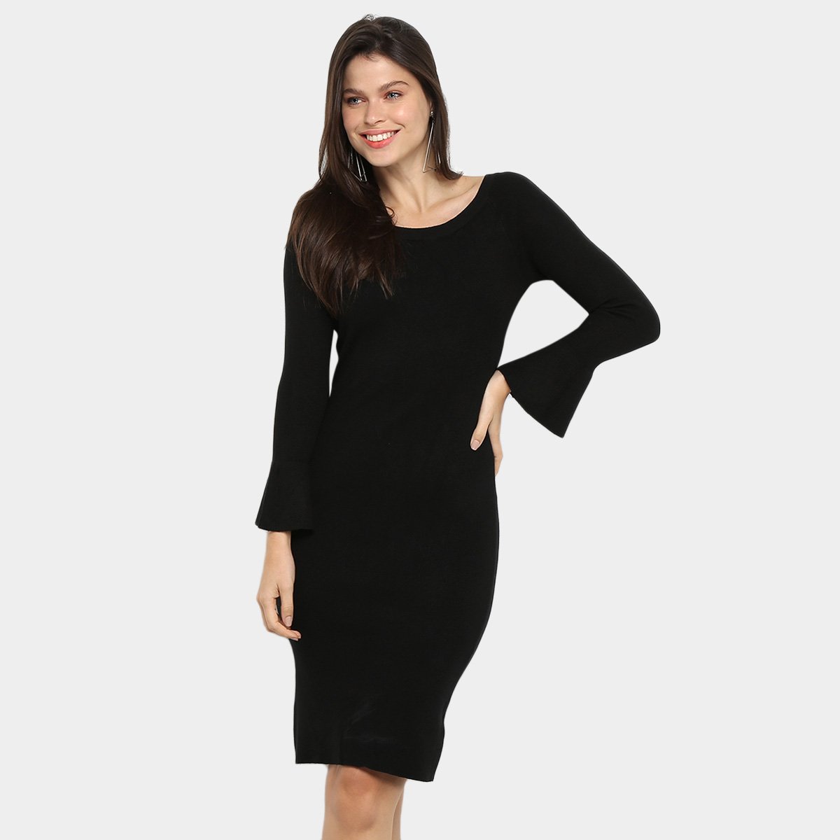 Vestido Facinelli Tricot Manga Longa Babados - Preto Menor preço em Vestido Facinelli Tricot Manga Longa Babados - Preto