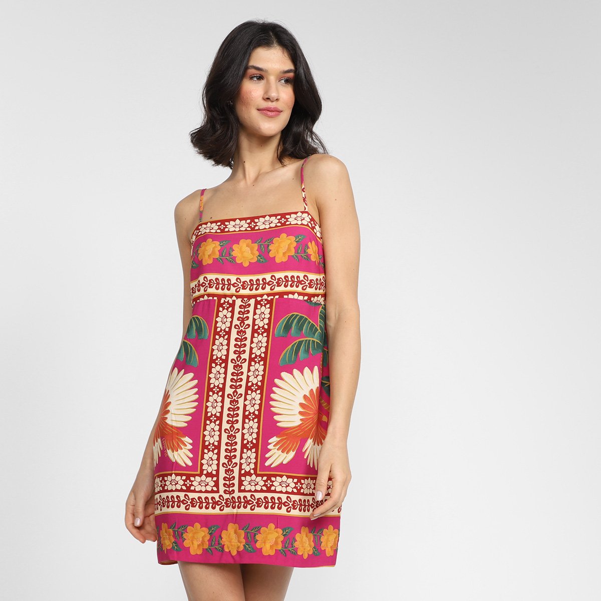 Vestido Farm Curto Decote Quadrado Alças Florenza - Estampado Menor preço em Vestido Farm Curto Decote Quadrado Alças Florenza - Estampado