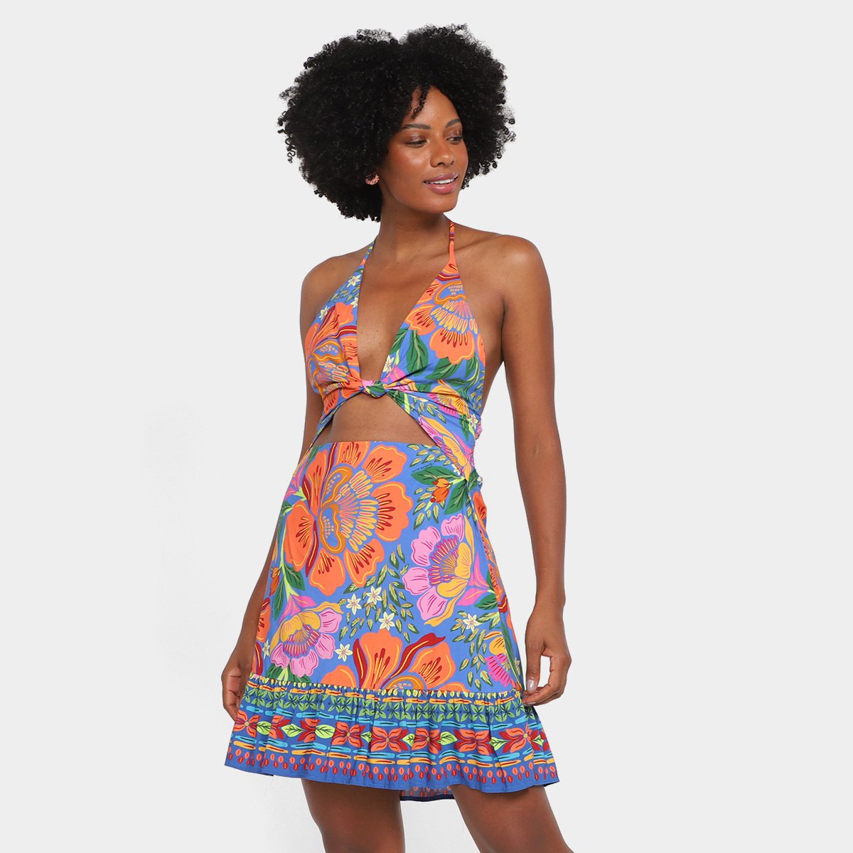 Vestido Farm Curto Frente Única E Recortes Floralinda - Estampado Menor preço em Vestido Farm Curto Frente Única E Recortes Floralinda - Estampado