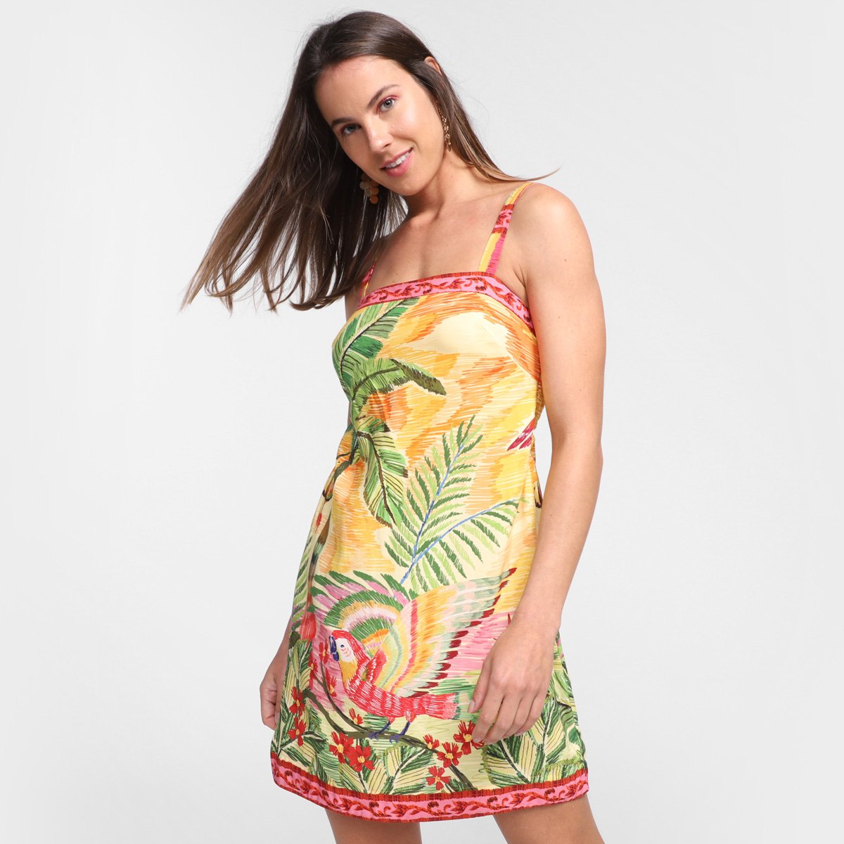 Vestido Farm Curto Paraiso das Araras - Estampado Menor preço em Vestido Farm Curto Paraiso das Araras - Estampado