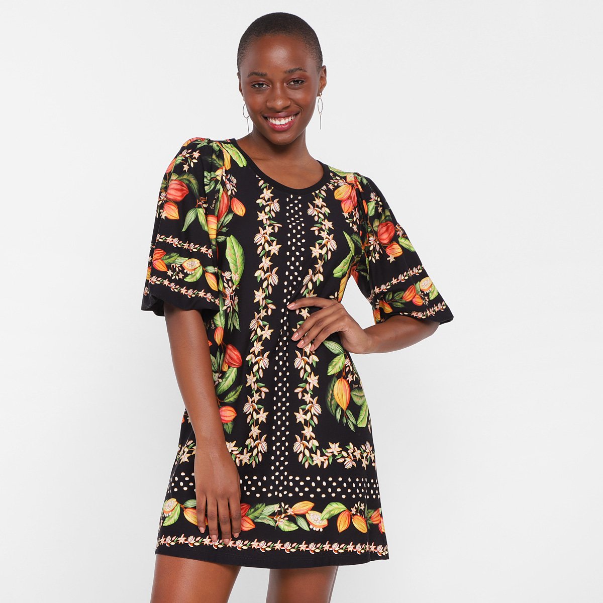 Vestido Farm Curto Paraiso De Cacau Tucano de Listra - Estampado Menor preço em Vestido Farm Curto Paraiso De Cacau Tucano de Listra - Estampado