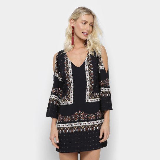 Vestido Farm Evasê Curto com Recortes Estampado - Preto