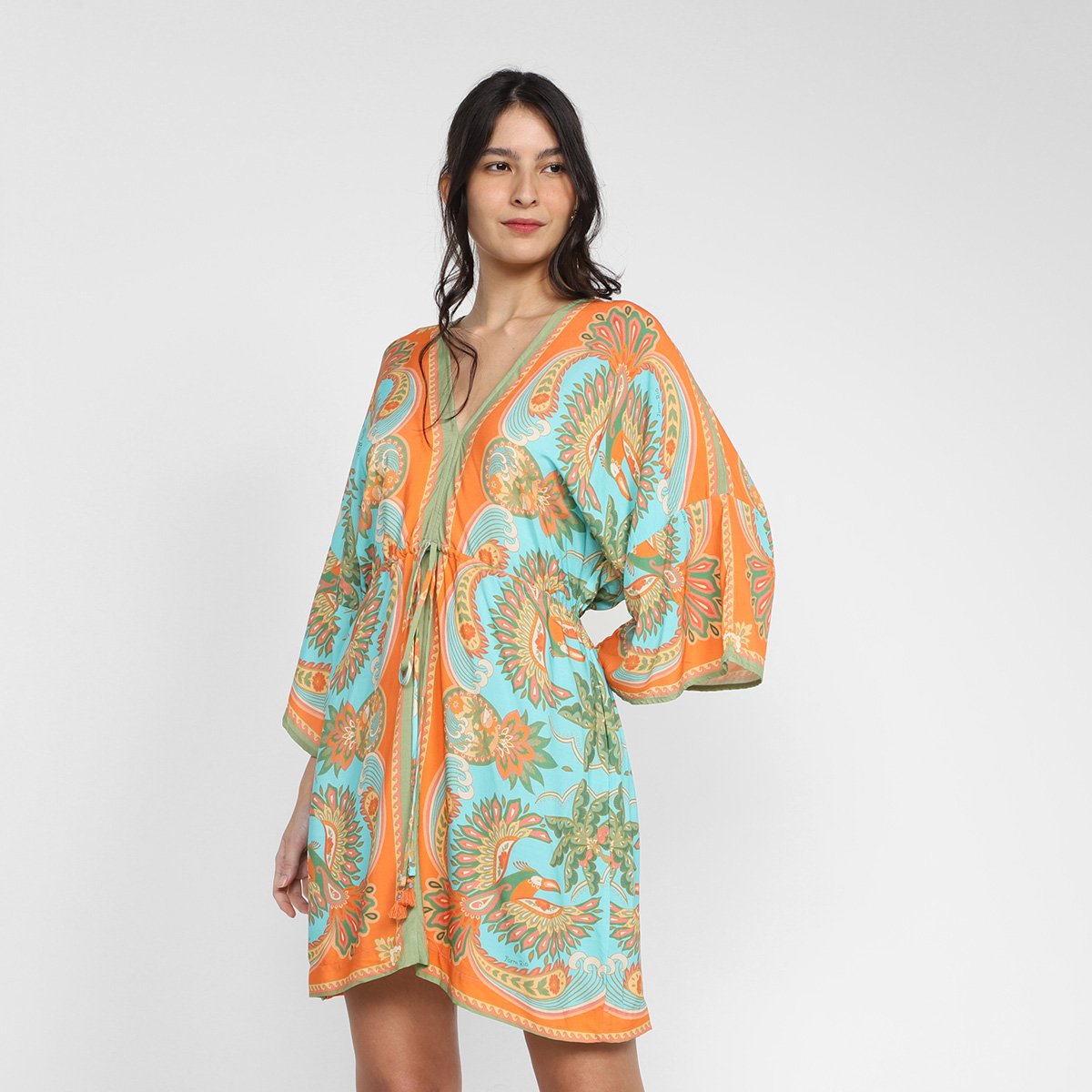 Vestido Farm Evasê Curto Tucano Praiano - Laranja Menor preço em Vestido Farm Evasê Curto Tucano Praiano - Laranja