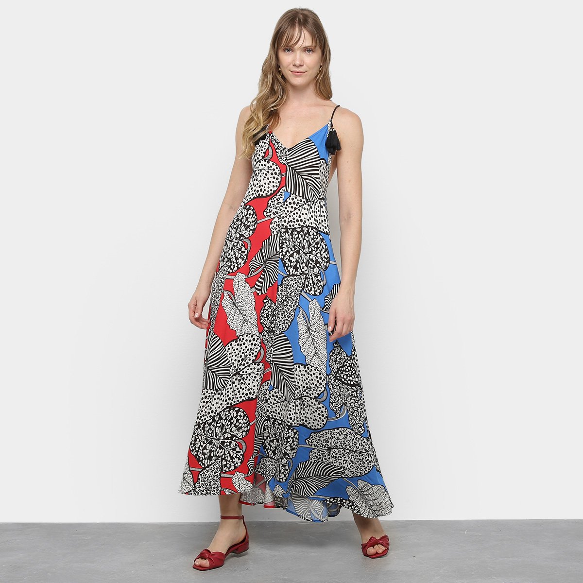 Vestido Farm Longo Amplo Folhagem Olodum - Vermelho Menor preço em Vestido Farm Longo Amplo Folhagem Olodum - Vermelho