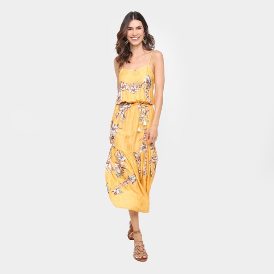 Vestido Farm Midi Evasê Estampado Alça - Amarelo