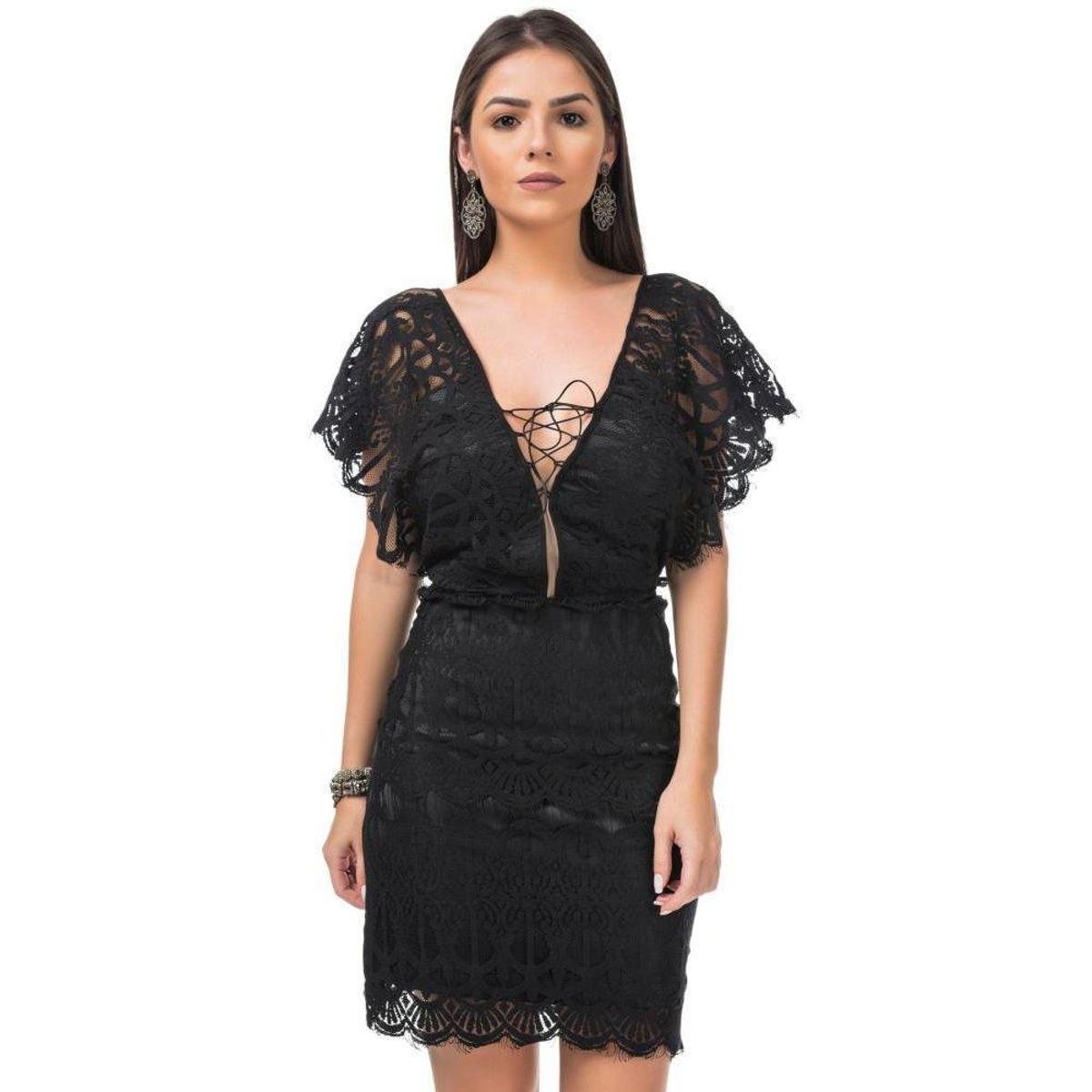 Vestido Feminino Celestine Curto Renda Manga Elegante Festa - Preto Menor preço em Vestido Feminino Celestine Curto Renda Manga Elegante Festa - Preto