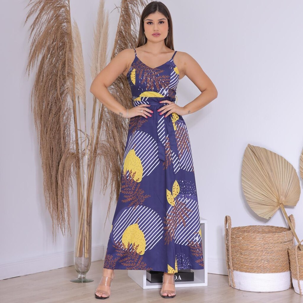 Vestido Feminino com Estampa de Folha com Alça e Faixa na Cintura Design Elegante Premium