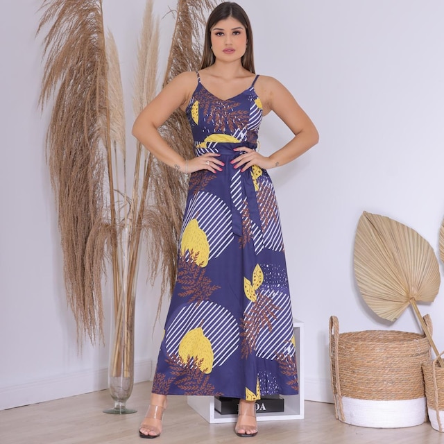 Vestido Feminino com Estampa de Folha com Alça e Faixa na Cintura Design Elegante Premium