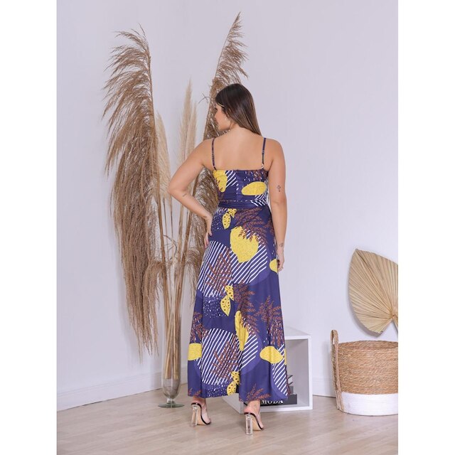 Vestido Feminino com Estampa de Folha com Alça e Faixa na Cintura Design Elegante Premium