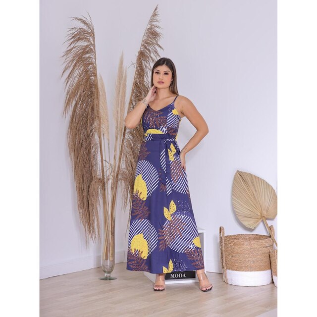 Vestido Feminino com Estampa de Folha com Alça e Faixa na Cintura Design Elegante Premium