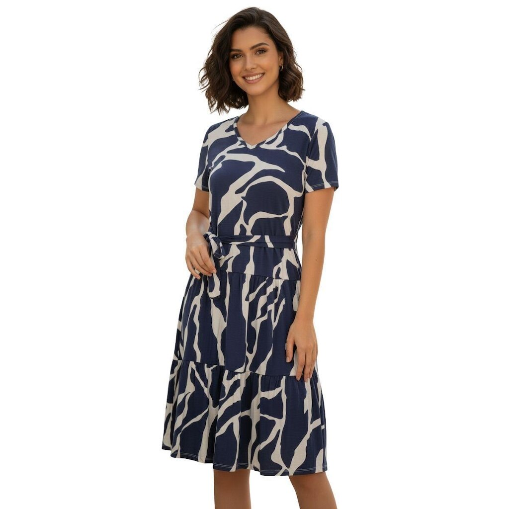 Vestido Feminino com Faixa na Cintura Estampa Moderna