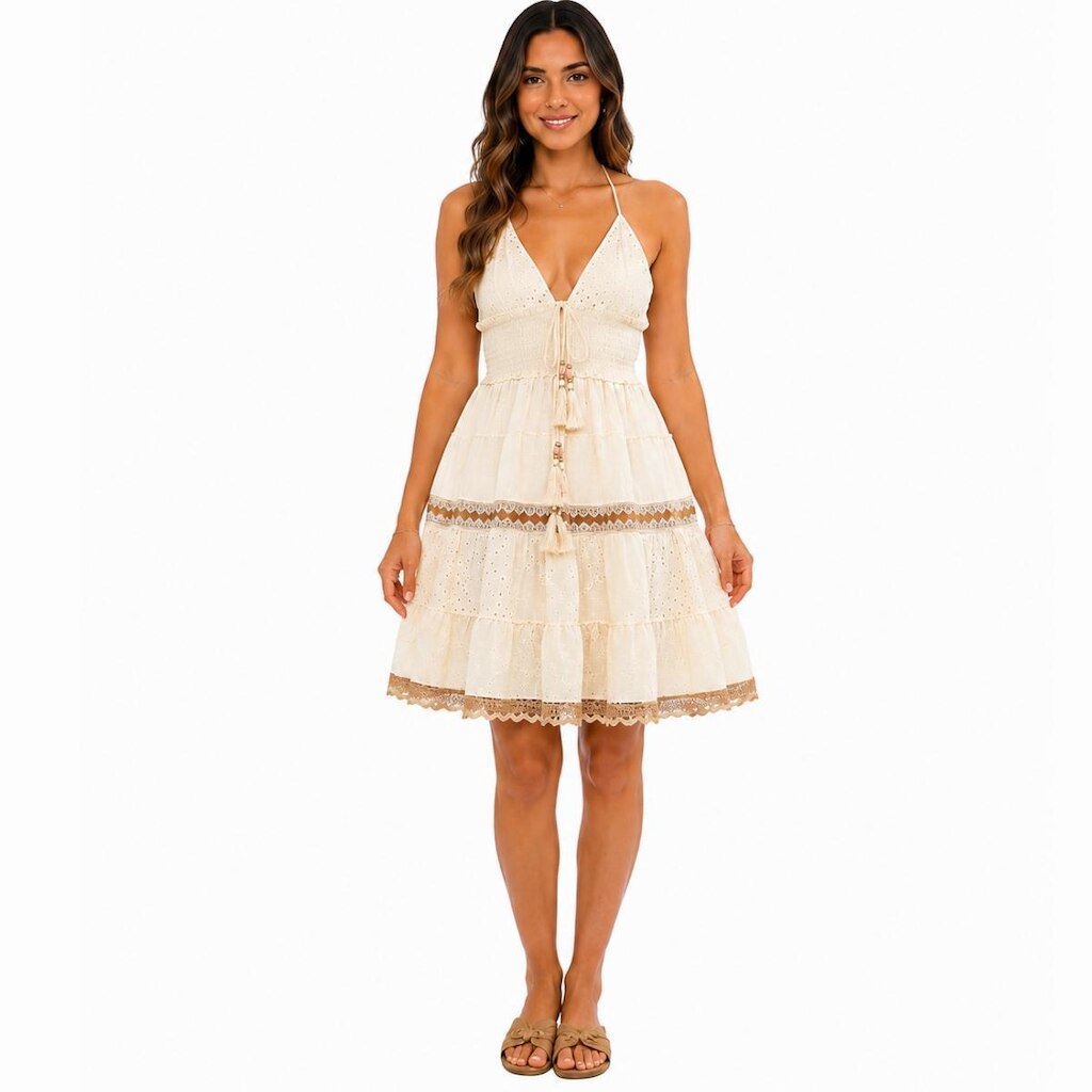 Vestido Feminino Curto Laise com Lastex Alça Fina Boho Verão