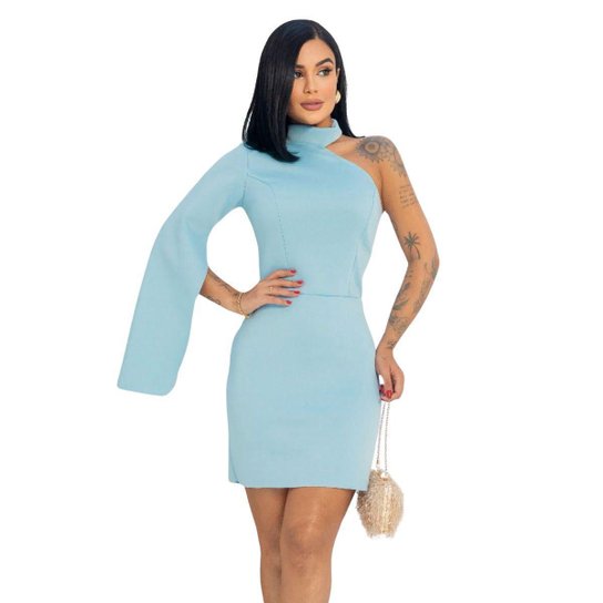 Vestido Feminino Curto Tubinho Justo Gola Alta Manga Nua Social