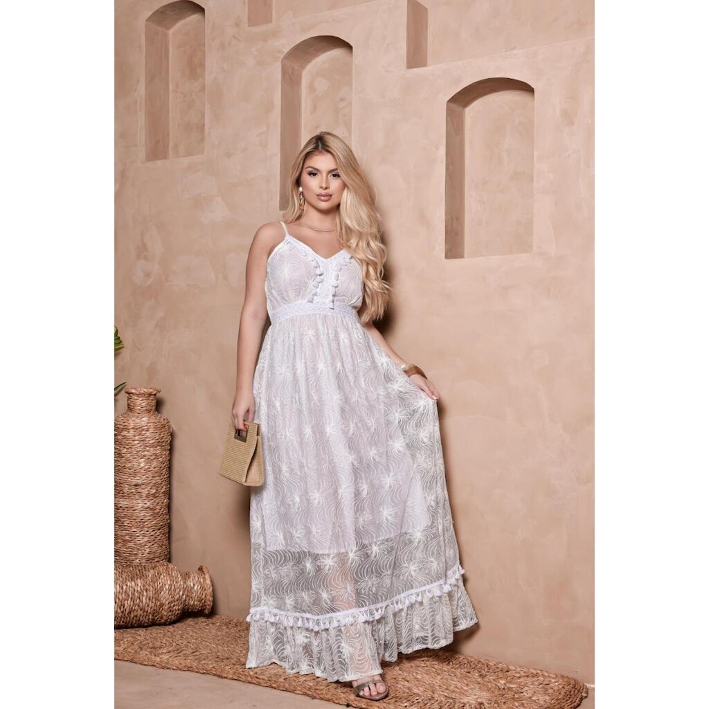 Vestido Feminino Longo Branco Boho com Renda