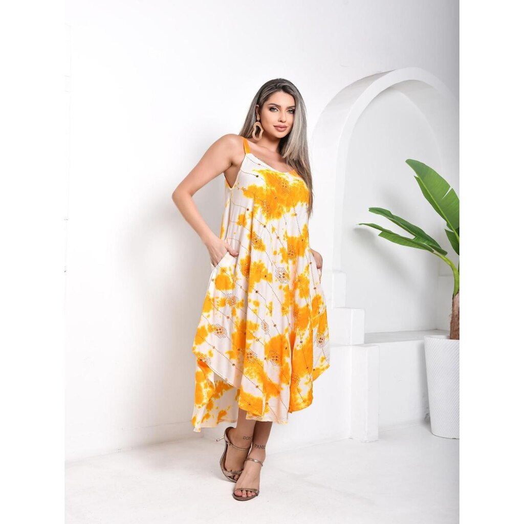 Vestido Feminino Longo Indiano Tie Day Bordado Alça